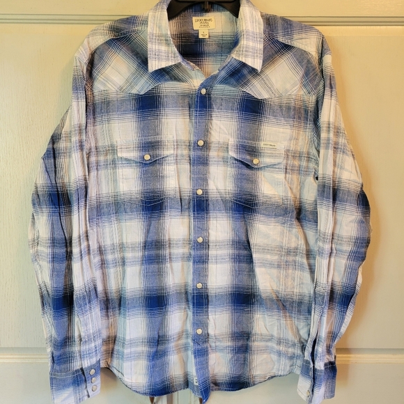 Lucky Brand Blue White Plaid Western Style Long Sleeve Pearl Snap Shirt - Picture 1 of 9